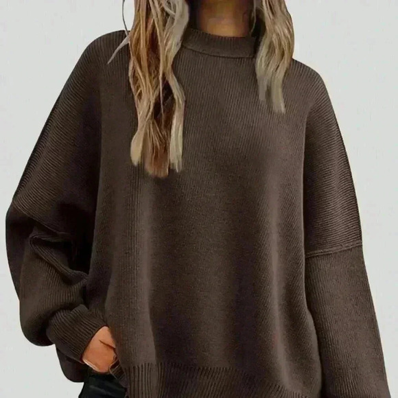 Coffee Brown Casual Women's Solid Drop Shoulder Split Hem Sweater - Picture 1 of 4